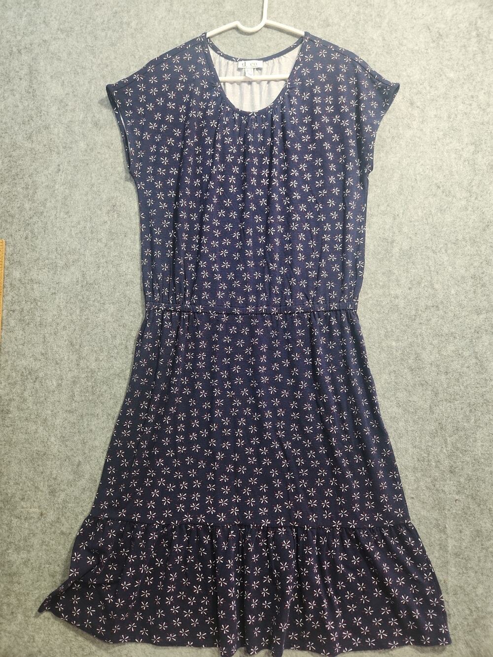 D&Co Denim & Company Women's Medium Navy Floral Print Ruffle Hem Midi Dress